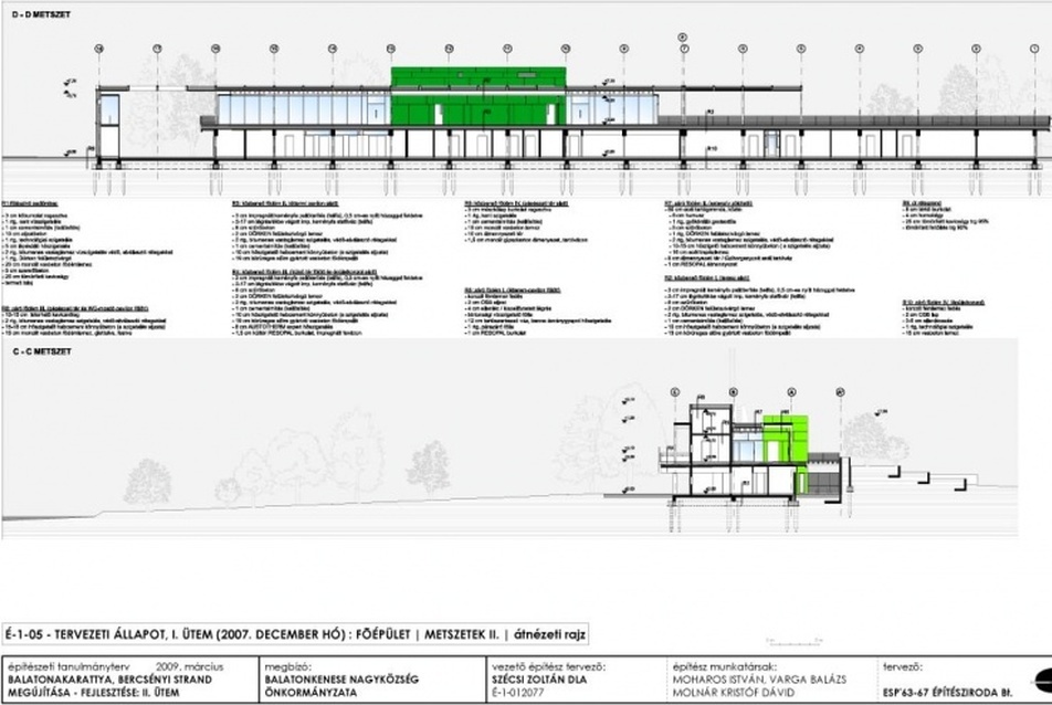 Bercsényi strand fejlesztése - főépület hosszmetszet