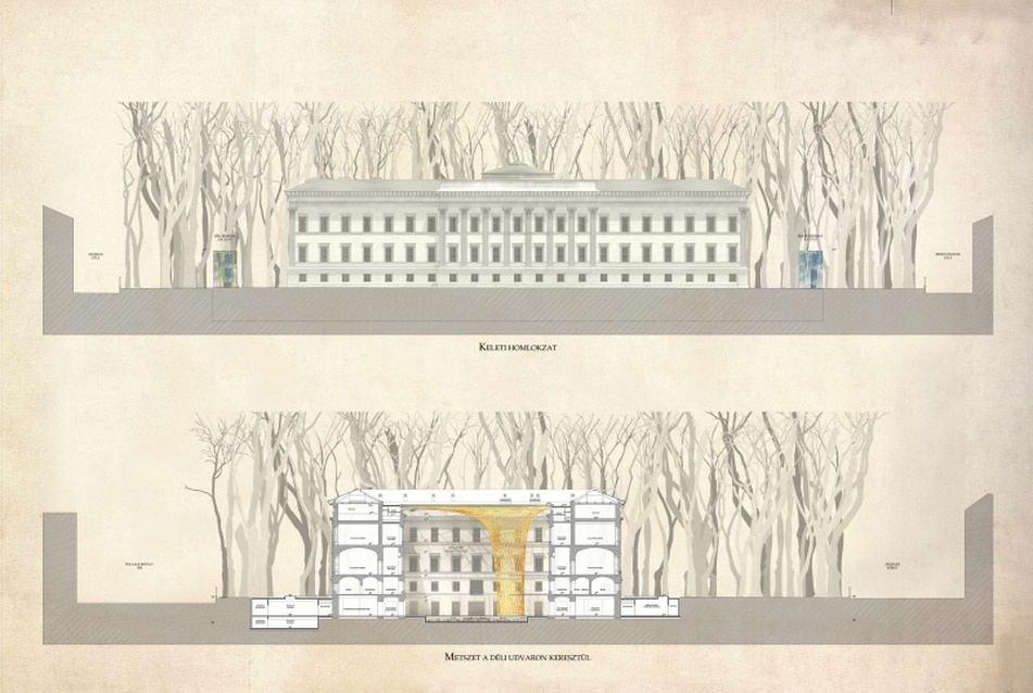 Magyar Nemzeti Múzeum tervpályázat - Metszet a Főbejáraton keresztül Déli homlokzat, tervező: Skardelli György, KÖZTI Zrt.