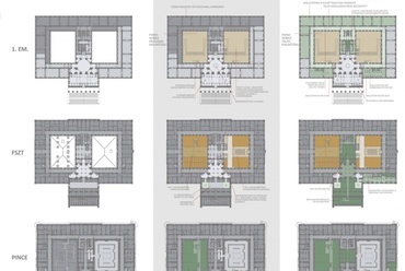 MNM pályázat - alaprajzok fejlesztési fázisai. Tervezők: Bérces László (vezető tervező), Kápolnás Gergely, Kun Róbert, Magyar Ádám