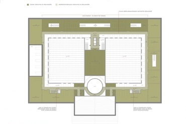MNM pályázat - földszint alaprajza, hosszú távú átalakítási javaslat. Tervezők: Bérces László (vezető tervező), Kápolnás Gergely, Kun Róbert, Magyar Ádám