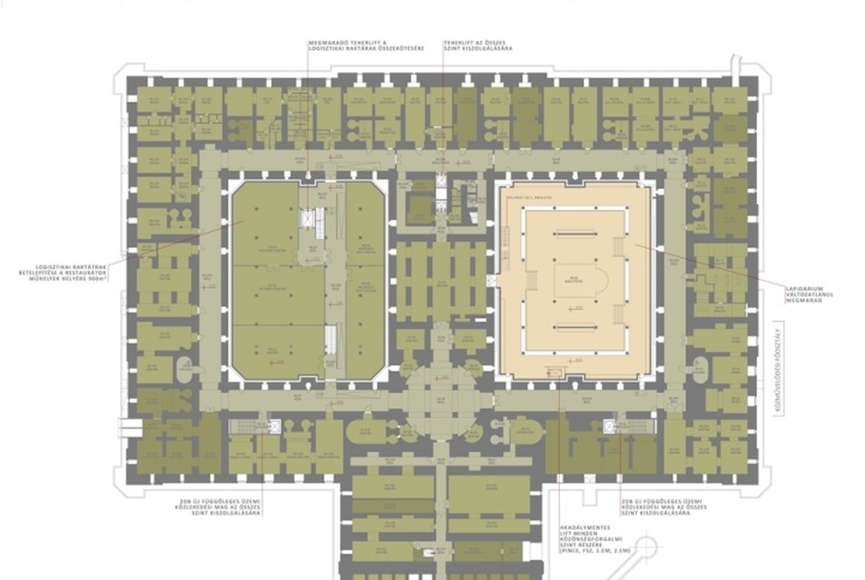 MNM pályázat - pinceszint alaprajza, hosszú távú átalakítási javaslat. Tervezők: Bérces László (vezető tervező), Kápolnás Gergely, Kun Róbert, Magyar Ádám