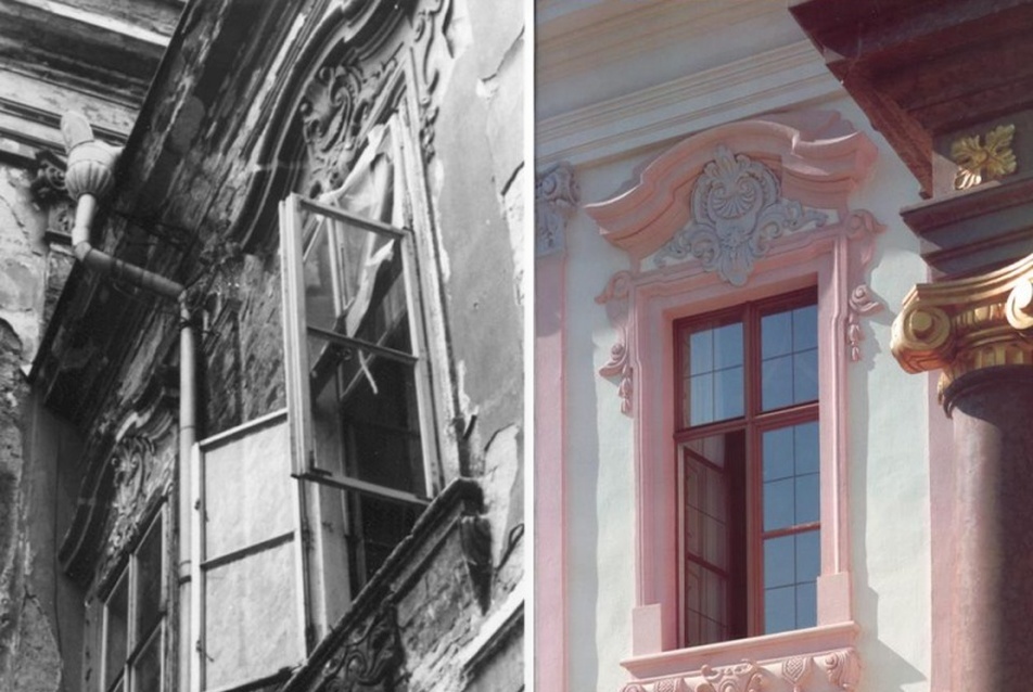 Eredeti és helyreállított ablak a főhomlokzaton 1995-96 – M. Zs. felvétele
