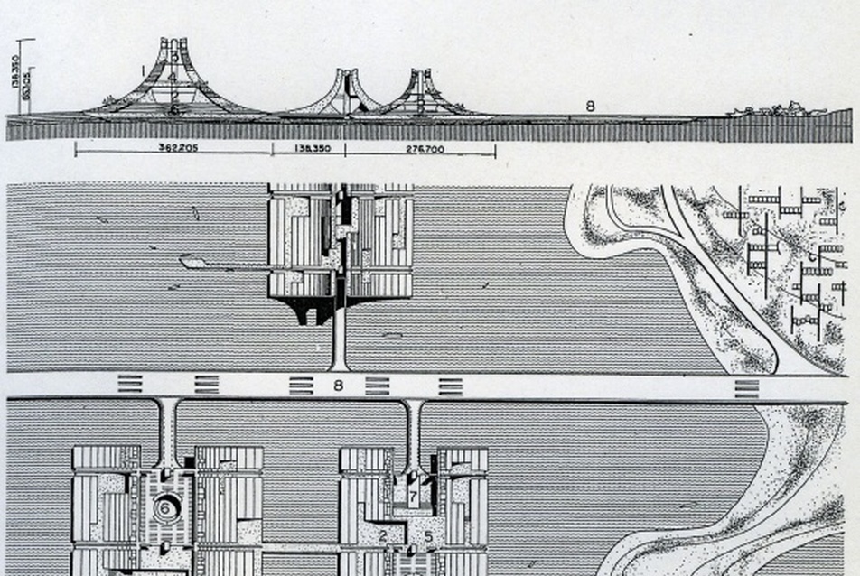 Kenzo Tange, Tokiói-öböl terv, lakóépületek, metszet, alaprajz