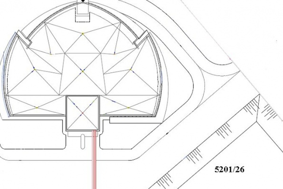 2 x 9 = 18 db, 100 m mély, 32 mm-es szimpla U csöves földszondák Tichelmann rendszerű csőkötéssel és a hozzá tartozó 63 mm-es (az épületben: 110 mm-es) gerincvezetékpár elrendezése. Forrás: Geowatt Kft.