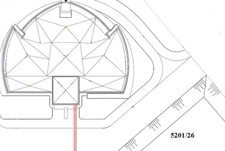 2 x 9 = 18 db, 100 m mély, 32 mm-es szimpla U csöves földszondák  Tichelmann rendszerű csőkötéssel és a hozzá tartozó 63 mm-es (az  épületben: 110 mm-es) gerincvezetékpár elrendezése. Forrás: Geowatt Kft.