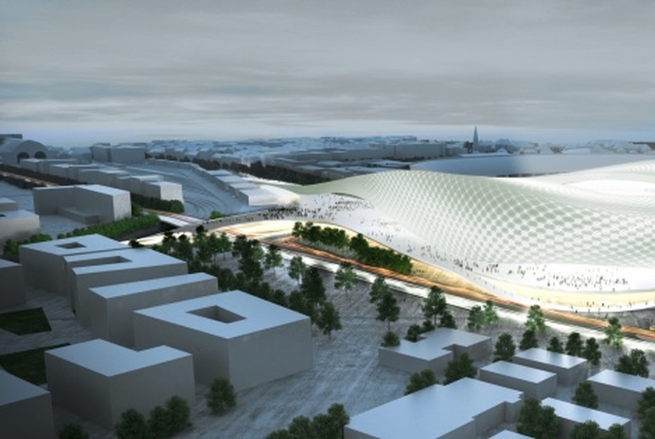 A Mérték Építészeti Stúdió III. díjas terve a Puskás Stadionra és környékére