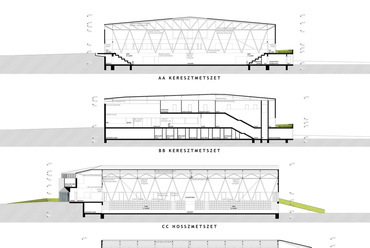 Metszetek, Budapest XVI. kerület, többcélú sportcsarnok építészeti tervpályázata - Sajtos Gábor és munkatársainak terve