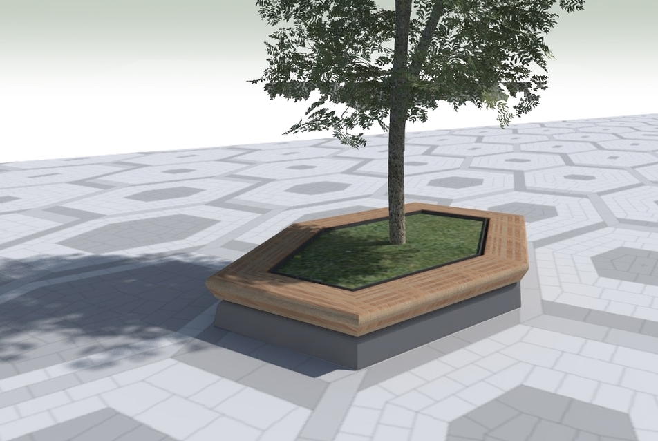 A központi térrész növénykazettával integrált ülőpadja © Város-Teampannon Kft. 