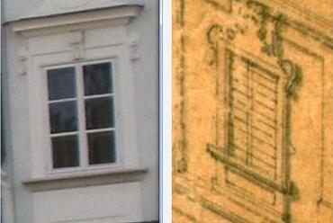 a passaui érseki rezidencia ablakcsigái, Hefele távlati rajza és a megvalósított mai ablak, valamint a würzburgi érseki rezidencia ablaka