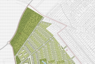 helyszínrajz - Paks, Pollack Mihály utcától északra fekvő lakóterület városrendezési és építészeti ötletpályázat - építészek, alkotók: Péterffy Miklós, Müller Dóra, Dőry Bálint, Deli Brigitta, Szabó Dániel