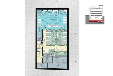 -4. pinceszint, öltözők, wellness - Belvárosi Sportcsarnok - építészek: Skardelli György, Borbély András