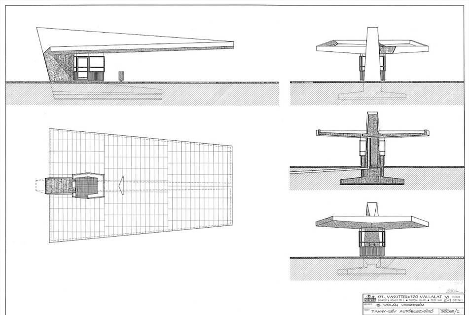 védőtető terv a tihanyi rév autóbuszvárójához -forrás: Tihany-rév autóbuszváró védőtető kialakítása. UVATERV/Dobroszláv József, 1971.