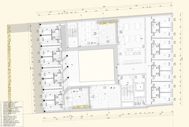 2.emelet alaprajza: ráépítés, bevilágító teraszok megjelenése - építész: Kiss Márta