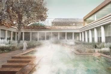Klasszicista udvarban elhelyezett kültéri medence „gyógynövényes” kerttel körbevéve - építész: Archikon