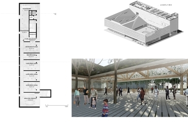 főbejárat az udvar felől, 4. emeleti alaprajz és axonometria, Könyvtár és tudásközpont Hódmezővásárhelyen - építész: TARKA Architects