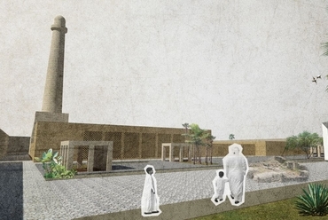 Nézet a déli közterület felől, előtérben a felrobbantott mecset maradványa a körülötte kialakított romkerttel - építész: Bartók Anita