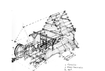 Fűrészmalom, tanulmányrajz - építész: Szilágyi Norbert