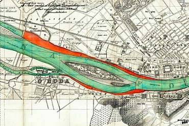 A Duna-part szabályozási terve a kinyert terület feltüntetésével, 1874 - illusztráció A rakodópart köveiből.