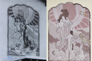 A rárósmulyadi templom sgraffittója. Balra az eredeti állapot a Medgyaszay Emlékhely archív fényképén, jobbra a jelenlegi Kún Emese fotóján