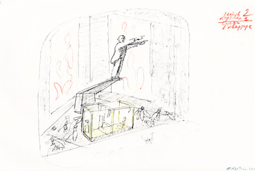 Élet egy idiótával, 1992. Díszletvázlat. Fekete és piros ceruza, 28x43 cm.  Kép © Ilya és Emilia Kabakov, a Tschoban Alapítvány – Építészeti Rajzok Múzeuma engedélyével
