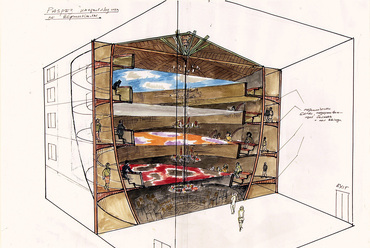 Vertikális opera (Guggenheim) / Metszet. Akravell, tus, ceruza, 43x55 cm. Kép © Ilya és Emilia Kabakov, a Tschoban Alapítvány – Építészeti Rajzok Múzeuma engedélyével