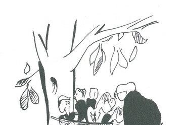 Kotsis Iván féltőn óvja építész fiókáit – karikatúra a Megfagyott Muzsikus című diáklapból. Forrás: Megfagyott muzsikusok 1898-1974. Szerk.: Gerle János. Bercsényi 28-30, 1987