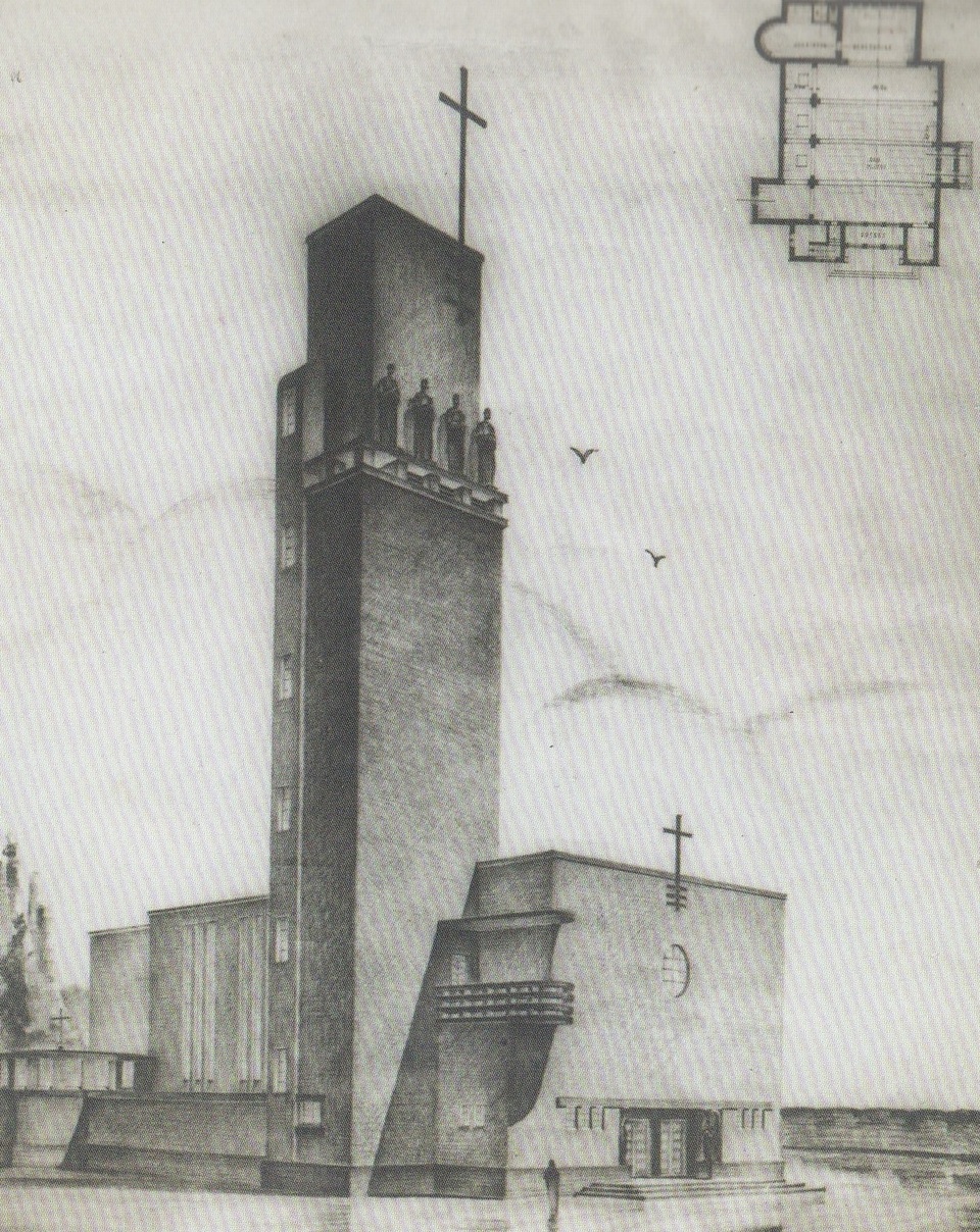 A Négy evangélista-templom épületének látványterve, 1930., A terv tulajdonosa: Magyar Építészeti Múzeum, Kép a Honlap Kiadó kötetének 30. oldaláról.