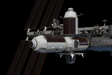A Nemzetközi Űrállomás látványterve a hozzá csatlakoztatott Axiom-modullal. Kép: Axiom Space