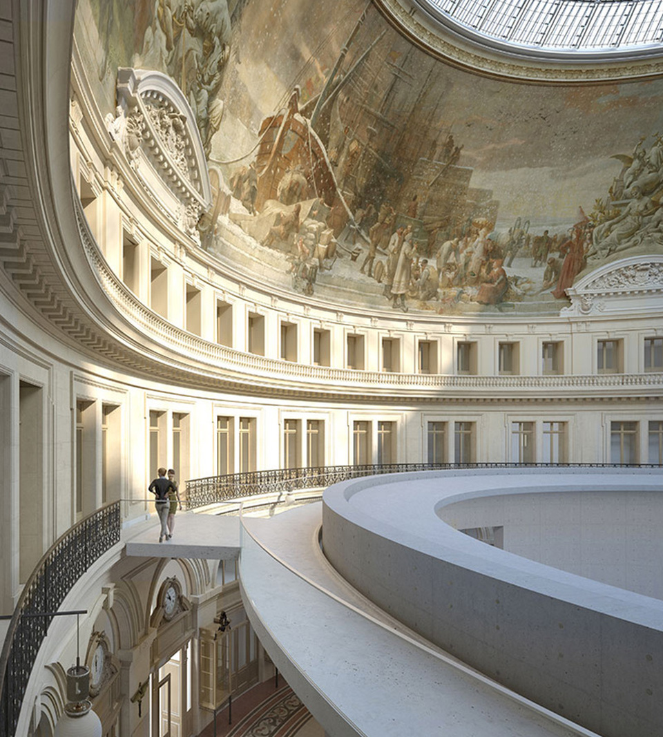 A Bourse de Commerce nagycsarnokának látványterve az újonnan bekerülő betongyűrűvel. Építész: Tadao Ando. Forrás: Bourse de Commerce—Pinault Collection, render © Artefactorylab 