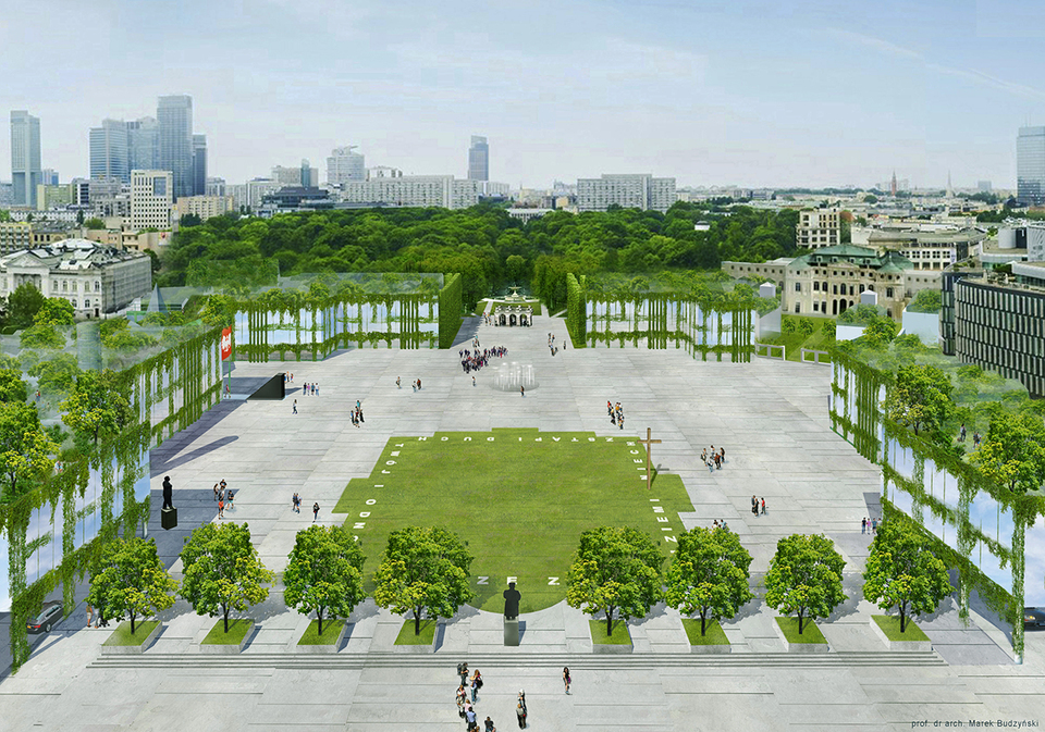 Marek Budzyński elképzelése a Piłsudski tér beépítésére. Kép: Marek Budzynski Architekt sp. z o.o.