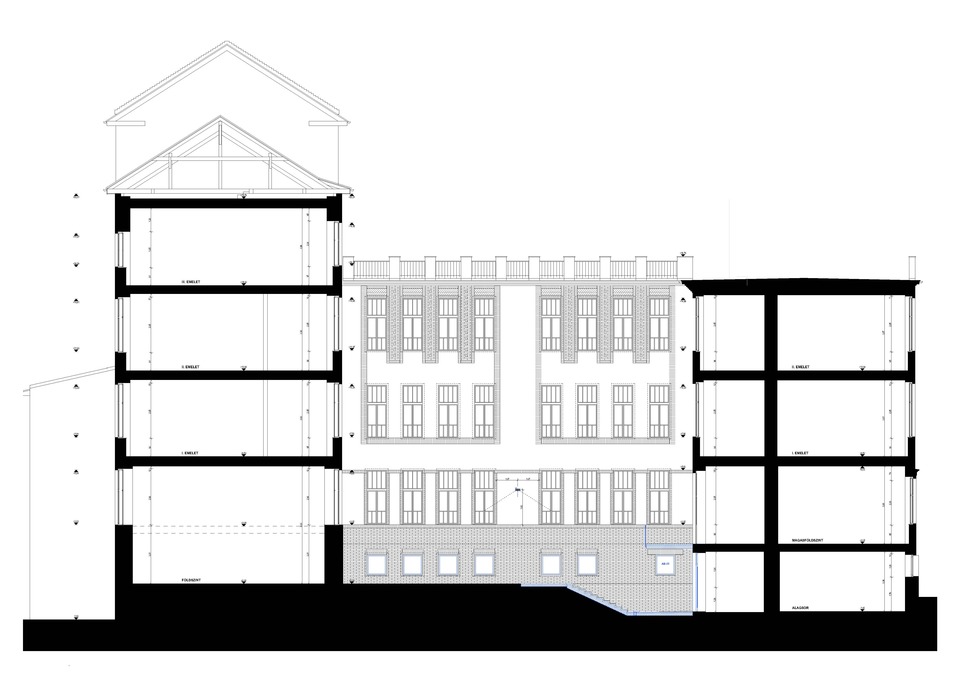 Az AKG Általános Iskola és Gimnázium belső udvari keresztmetszet - terv: Fló Architects