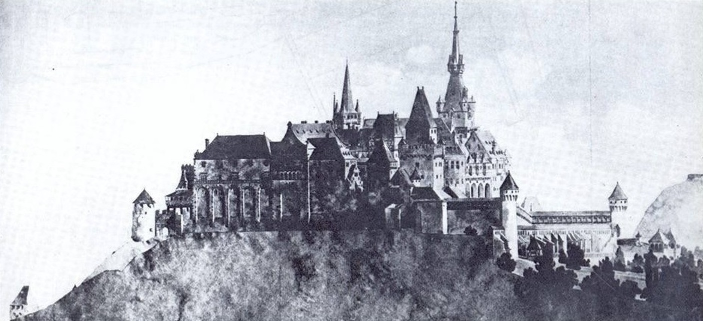Elméleti rekonstrukció a budai várról. Forrás: Lux Kálmán - A budai várpalota Mátyás király korában, Budapest, 1922. rövidített kiadás.