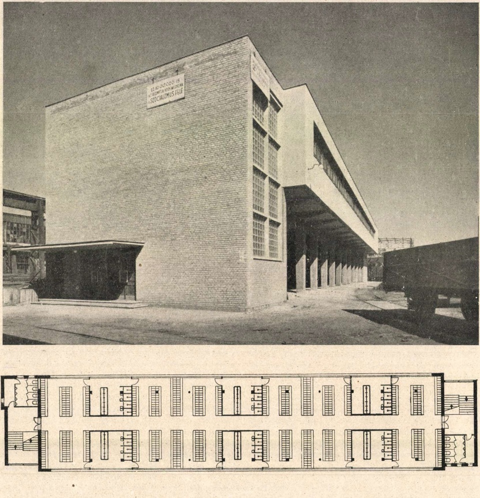 Budapest, MÁVAG hídműhely, üzemi mosdó és öltözőépület 1948-ban, tervező: Hegedűs Béla, Körner József és Málnai László (Új Építészet, 1948/9., 344. o.)
