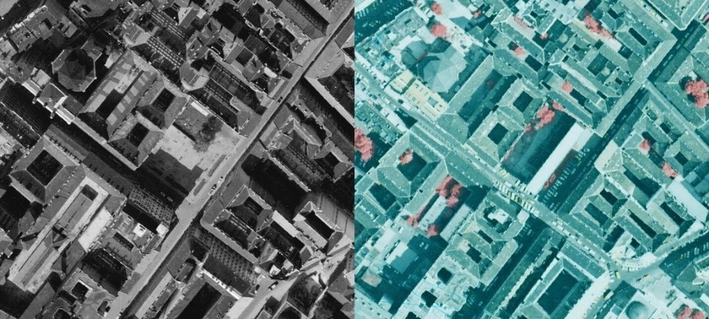 Légifelvétel a Dob utca–Rumbach Sebestyén utca sarkán lévő telekről – 1963-ban még üresen állt, az 1992-es infrafelvételen a trafóház látható (Fotó: Fentről.hu)