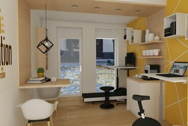 Egy modern iroda terve, ahol a sétálópad és a kerékpárasztal felel a dolgozók egészségéért  Terv: Lévai Magdolna, Montázs Belsőépítészet  - kép a LifeSpan hozzájárulásával