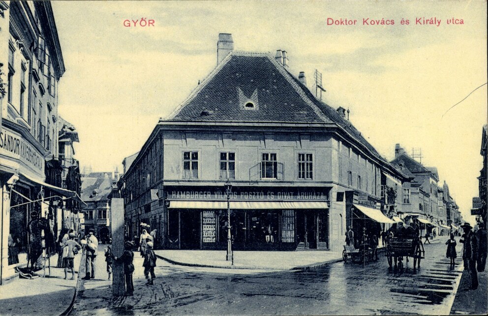 Győr, Hamburger Vilmos posztó- és divatáruháza, 1900 körül (képeslap a szerző gyűjteményéből)
