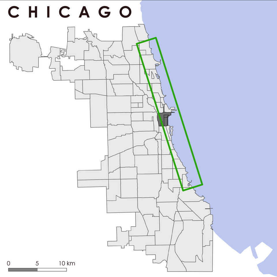 Chicago térképe a negyedhatárokkal: a szürke rész a városközponti Loop-ot mutatja, a zöld kontúr pedig a vízparti összefüggő közpark zónát érzékelteti - Ábra: Tóth Péter