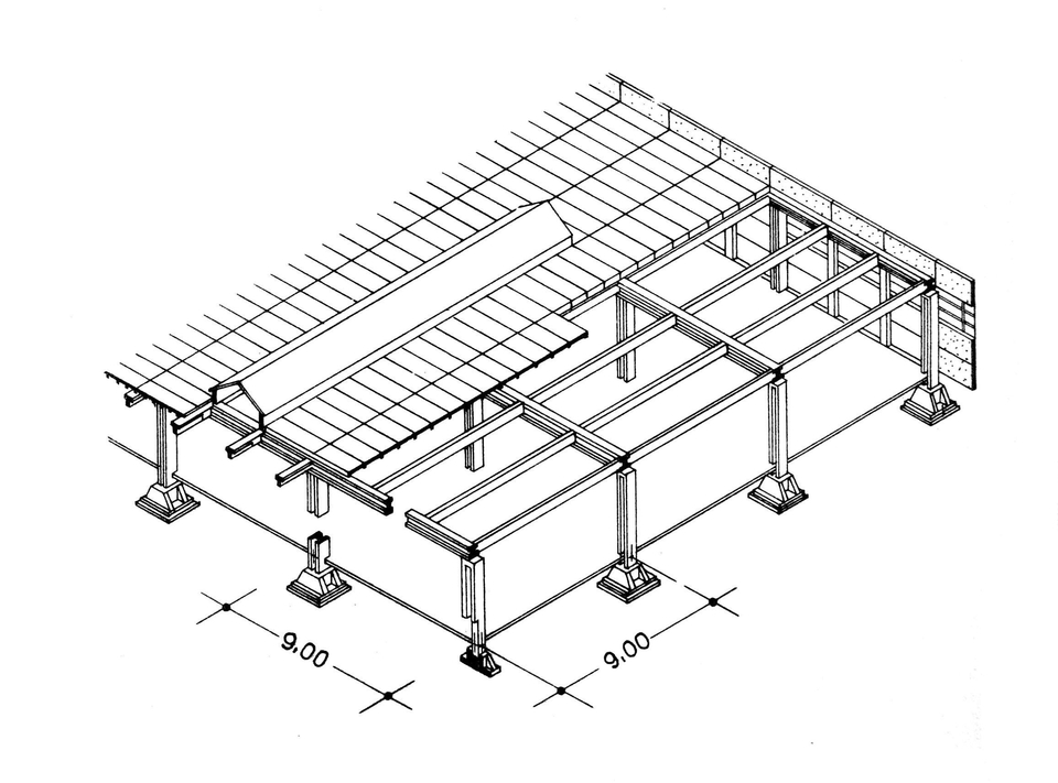 A 9 × 9 m-es pillérállású, üzemi előregyártású, univerzális ipari típusszerkezet axonometrikus ábrázolása. Tervezők: Gnädig Miklós, Bajnay László. A típusszerkezetet a káli magtisztító üzem raktárcsarnokaként adaptálták