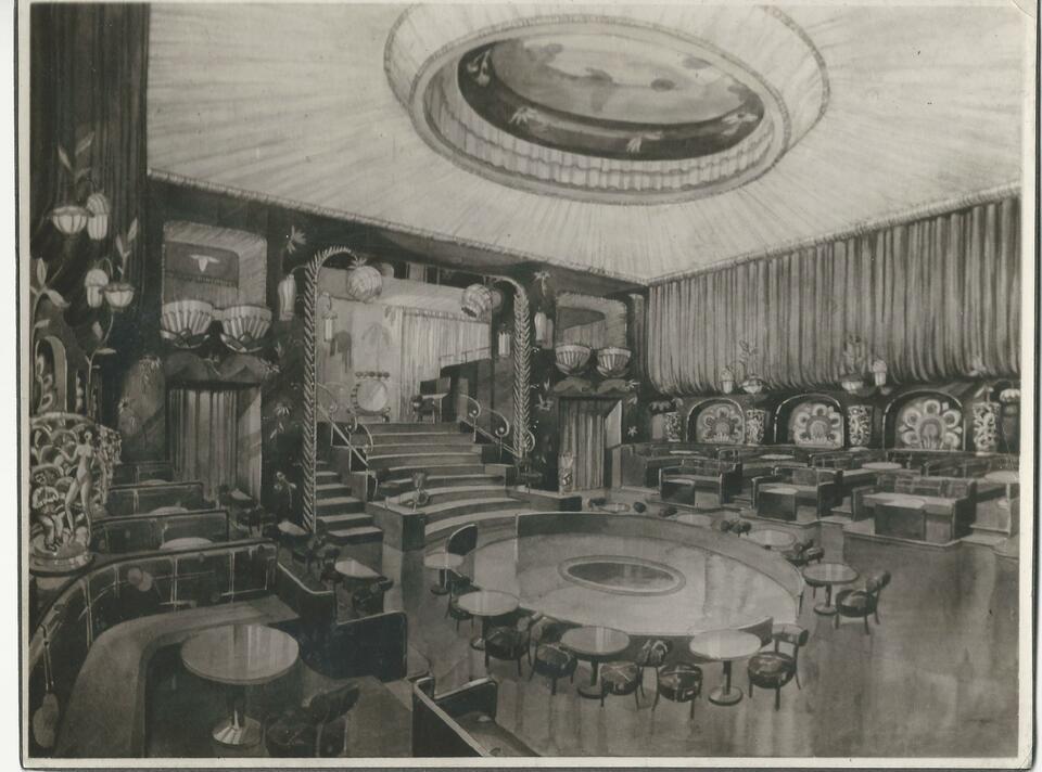 Az 1932-ben megnyitott Arizóna Bár és Mulató (Nagymező utca 20.) belső tere. Kép: Magyar Kereskedelmi és Vendéglátóipari Múzeum, via MaNDA