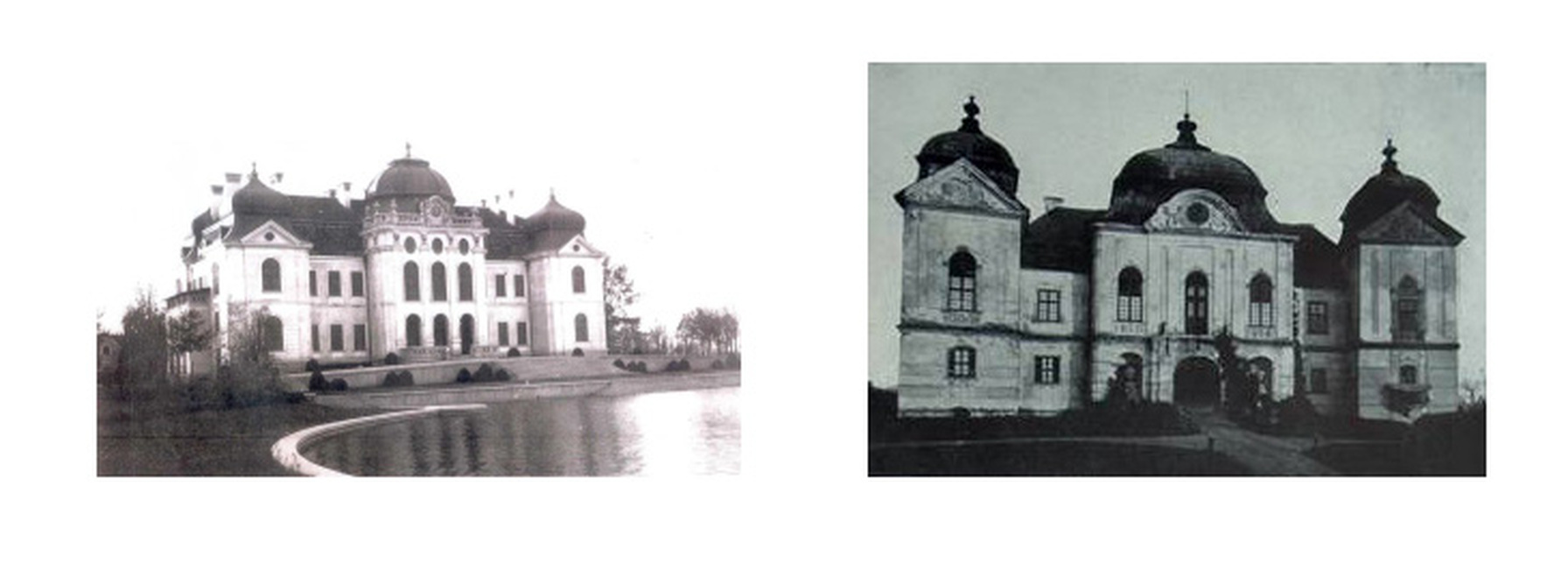 A külsőleg elkészült csorvási Wenckheim-kastély 1944-ben és előképe, a barokk gácsi Forgách-kastély archív felvételen. Képek forrása: wenckheim.hu