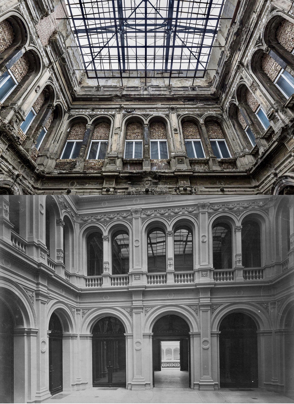 A Károlyi-palota belül 1881 előtt és napjainkban. Fotók: Fortepan/Budapest Főváros Levéltára/Klösz György, Fb/A Rádió fénykora