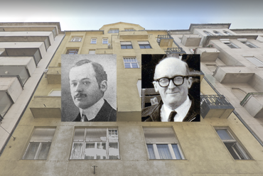 Freund Dezső (Gerle-Kovács-Makovecz, 1990, 53. o.) és Freund Tibor (MyHeritage.com), a háttérben a közös irodának helyet adó, Freund Dezső tervezte Margit körút 13. (forrás: Google Streetview)