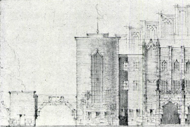 Sebestyén Artúr II. díjas tervének részlete a Margitszigeti fedett uszoda tervpályázatán 1929-ből (Tér és Forma, 1929/10., 382. o.)