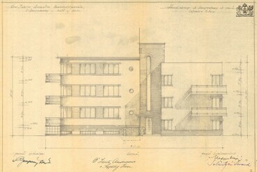 Budapest, Szentpétery utca 3., homlokzati terv 1933-ból, tervező., Medgyes Alajos és Sebestyén Loránd (Budapest Főváros Levéltára, XV.17.d.329)