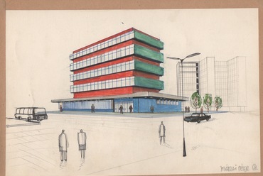 Rendelőintézet, 1964. Az előtérben építészes staffázsfigurák.