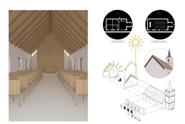 Templom hitéleti funkció visszaállítása, belsőépítészeti koncepció. Építész: Varjú Kata