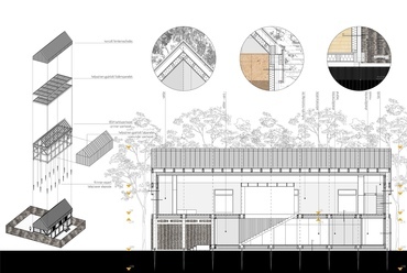 Az integrációs ház hosszmetszete, szerkezeti koncepció és részletrajzok. Építész: Varjú Kata