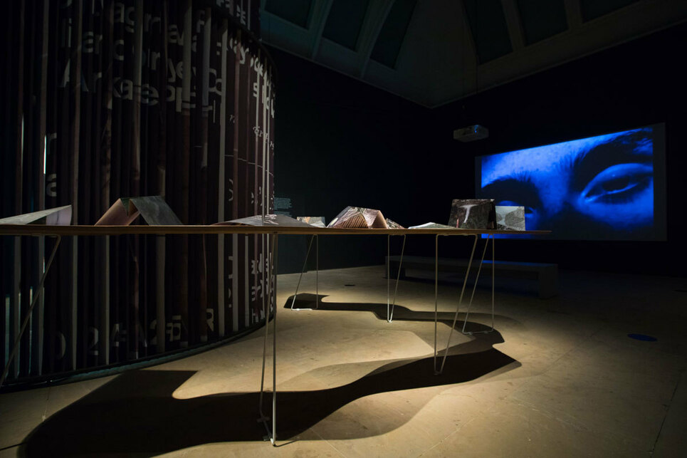 Carolina Caycedo: Serpent River Book (foreground) – Installation view, Eco-Visionaries: Confronting a planet in a state of emergency, Royal Academy of Arts – Photo: © Royal Academy of Arts, London / David Parry.