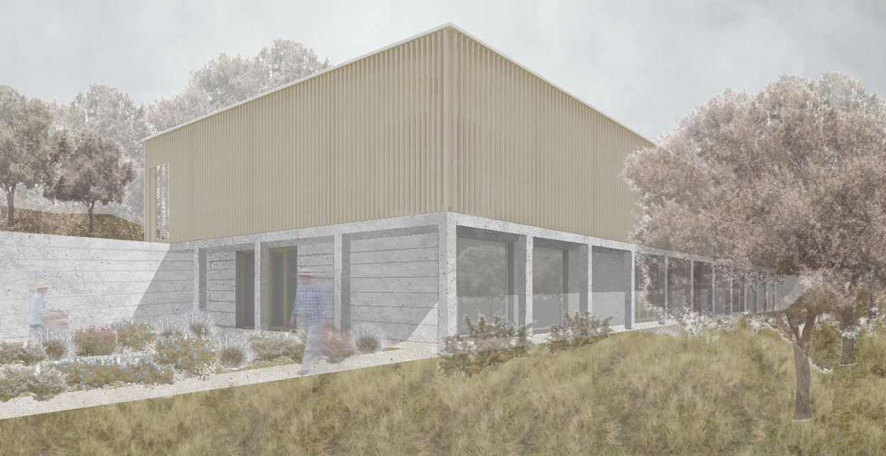Megújulás háza, onkológiai központ a Svábhegyen, homlokzat –  terv: Zámbó Kamilla / BME Építészmérnöki Kar, Középülettervezési Tanszék
