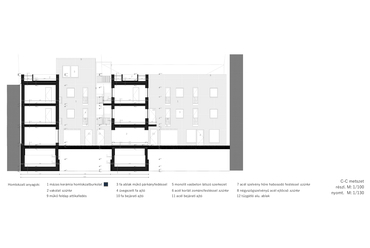 Társasház, Miskolc – C-C metszet – Terv: Peitl Péter / BME Építészmérnöki Kar Lakóépülettervezési Tanszék
